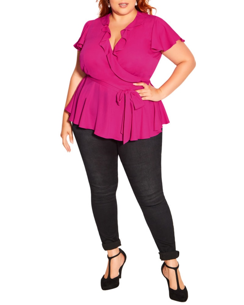 Front of a model wearing a size XXS TOP WRAP FRILLS in Shocking Pink by City Chic. | dia_product_style_image_id:280390